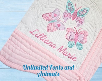 Embroidered Monogram Heirloom Personalized Baby Quilt Butterflies with Name