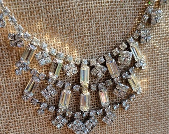 Vintage Rhinestone Necklace Silver Tone  Bridal Wedding Sparkly Made in 1980s NOS