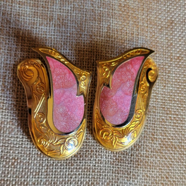 Vintage Edgar Berebi 1980's PINK Goldtone Enamel Earrings Post