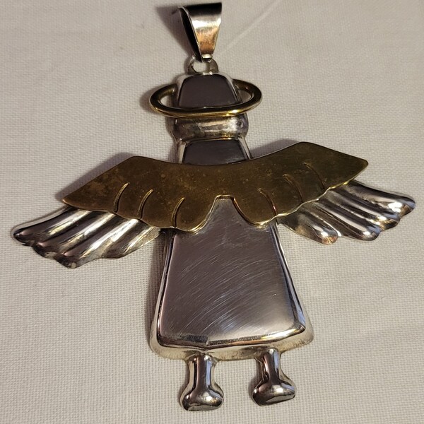MEXICO 925 Sterling Silver - Vintage Shiny Two-Tone Angel Motif Pendant