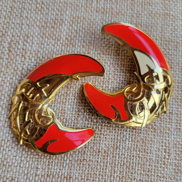 Vintage Edgar Berebi Red Goldtone Crescent Shaped Enamel Earrings