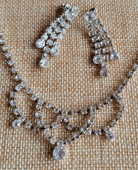 Vintage Rhinestone Necklace and Earrings Silver To