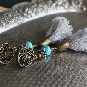 Boho Turquoise Howlite Earrings: Grey Tassel Crystal Beaded Dangle