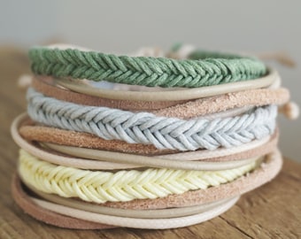 Braided Leather Wrap Bracelet: Boho Multistrand Cotton Surfer Womens Mens Bracelet Yellow Pale Blue Green