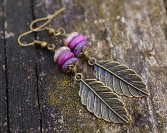 Bohemian "Gone with the Wind" Dangle Drop Feather Earrings, Boho Gypsy Tribal Ethnic Hippie Ombre Purple Long Rustic Earrings Womens Gift