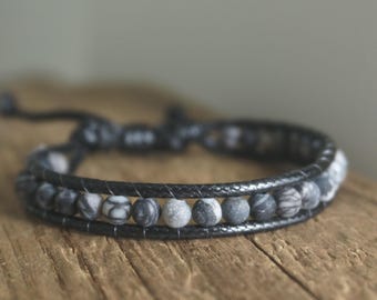 Boho Jasper Beaded Wrap Bracelet: Waterproof Black Cord, Handmade