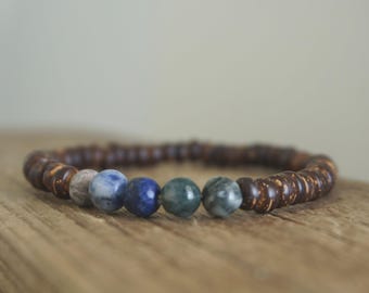 Boho Coconut Wood Bracelet: Jasper, Agate, Lapis Lazuli Stones, Handmade in Australia