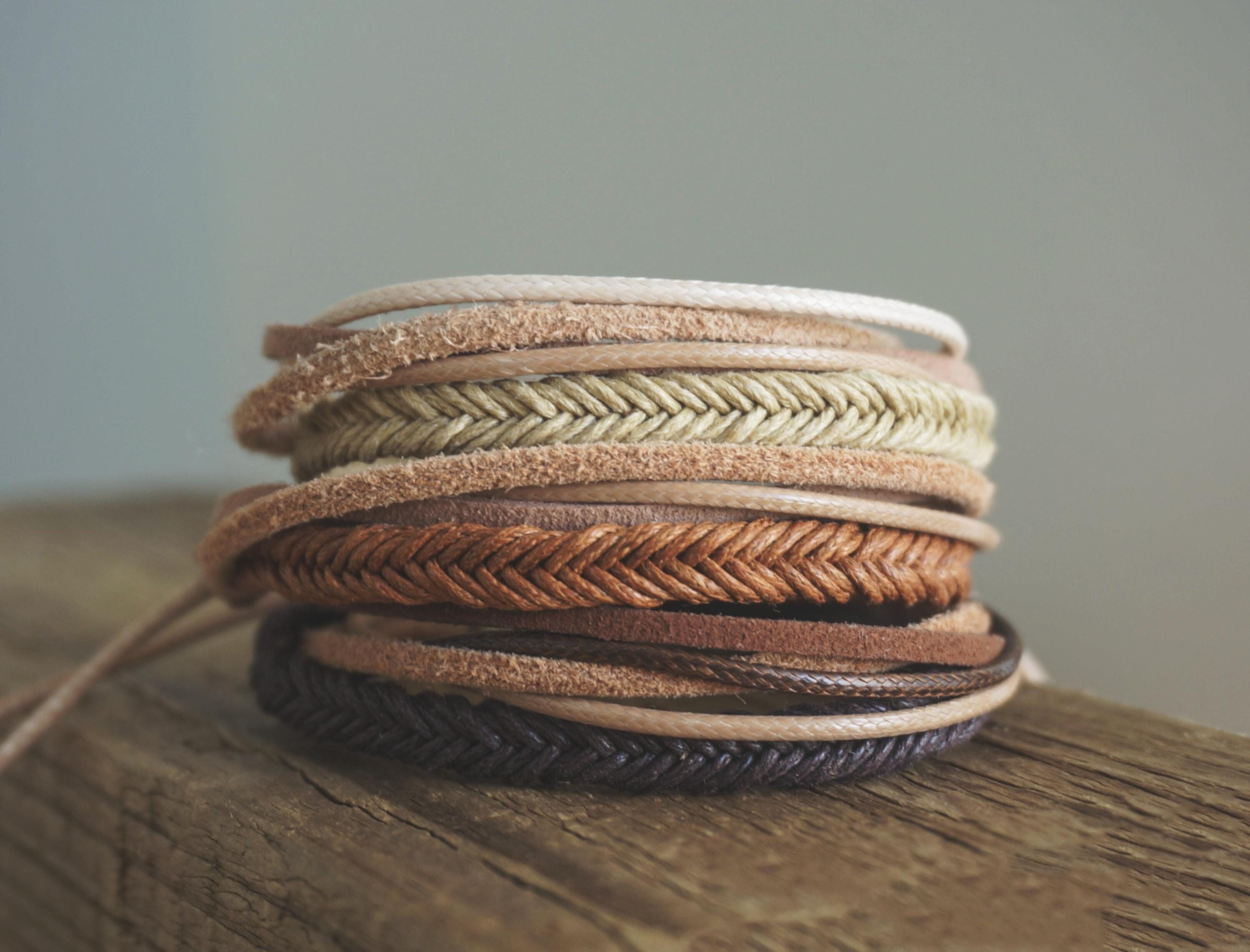 Boho Multistrand Braided Cotton Leather Wrap Bracelet, Multilayer Beach Woven Surfer Womens Men's Bracelet Brown Beige Handmade in Australia