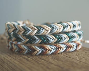 Braided Waxed Cotton Beige Green Grey Brown Adjustable Bracelet: Boho Surfer Hippie Beach Style
