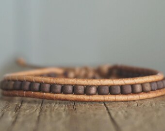 Boho Leather Adjuastable Wrap Bracelet: Matte Brown Japanese Beads Handamade in Australia
