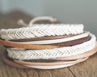 Boho Multistrand Braided Bracelet: Cotton Leather Wrap, Handmade in Australia ByLEXY