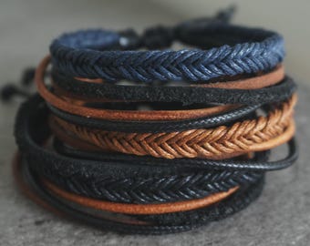 Boho Braided Leather Cotton Wrap Bracelet: Beach Surfer Style Black Blue Ochre Handmade