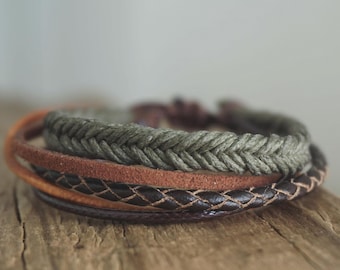 Braided Leather Wrap Bracelet: Boho Multistrand Cotton Surfer Womens Mens Bracelet Brown Dark Sage Green Handmade in Australia