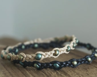 Handmade Braided Japanese Black Beige Beaded Wrap Bracelet or Anklet: Boho Bohemian Beachy Waxed Cord Jewelry Handcrafted in Australia