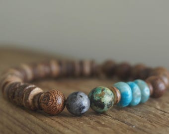 Boho Coconut Wood Bracelet: Agate, Turquoise, and Lavrikite Stone