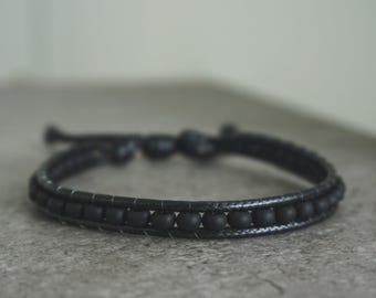 Boho Matte Black Miyuki Beaded Bracelet: Waxed Cord, Waterproof Adjustable Handmade in Australia