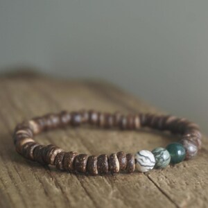 Boho Coconut Wood Bead Bracelet: Agate Jasper Stone, Handmade in Australia