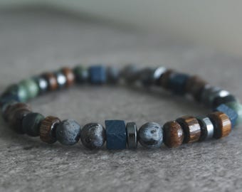 Boho Stretch Stack Bracelet: Rustic Wood & Jasper, Lavrikite Beads, Handmade in Australia