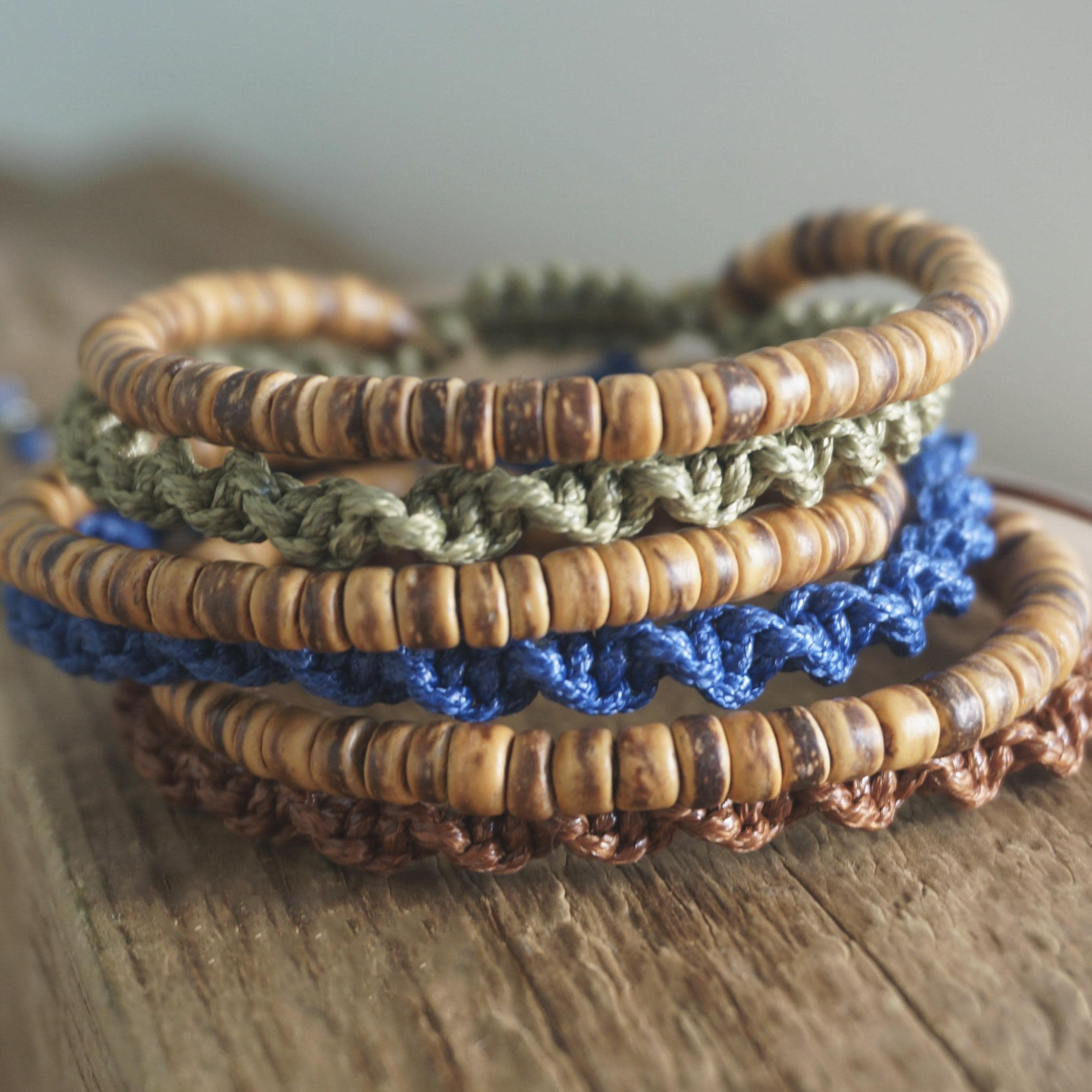 Boho Earthy 2x Wrap Macrame Coconut Wood Beaded Bracelet, Bohemian Hippie Beach Surfer Rustic Women Mens Stack Bracelet Brown / Blue / Green