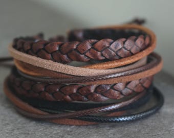 Braided Leather Cord Wrap Bracelet: Boho Multistrand Adjustable Womens Mens Bracelet Brown Black