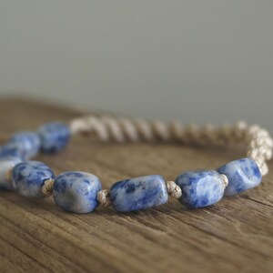 Boho Sodalite Beaded Macrame Bracelet: Adjustable Knotted Waxed Cord