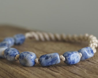 Boho Sodalite Beaded Macrame Bracelet: Adjustable Knotted Waxed Cord