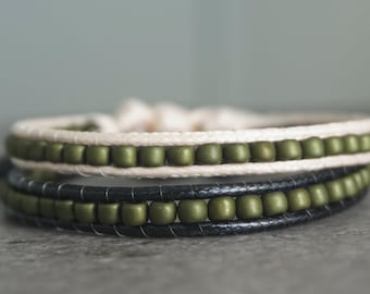 Boho Olive Green Japanese Bead Wrap Bracelet: Adjustable Waxed Cord Handamde in Australia