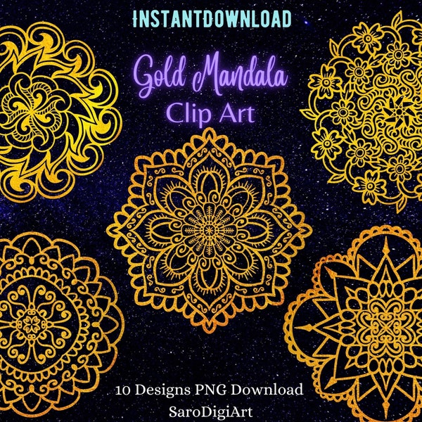 Gold Mandalas Clip Art, Sacred geometry, Boho clipart, Indian design, Dharma clipart, Gold foil mandala, Mandala PNG for Commercial use