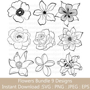 Floral Line Art - Outline Flower Clipart, Hand Drawn Vector Flowers, Botanical, Wedding Graphic, For Cricut And Silhouette, Commercial Use!