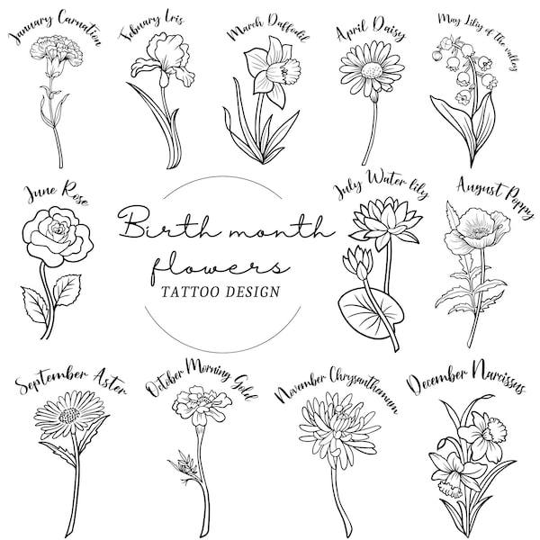 Birth Month Flowers SVG, PNG Bundle, Birthday flower svg, Wildflower svg, Botanical Clipart,Daisy svg,Rose svg,For Tatto, Necklace, WallArt