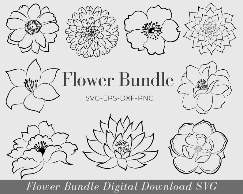 Floral Line Art Outline Flower Clipart, Hand Drawn Vector Flowers, Botanical, Wedding Graphic, For Cricut And Silhouette, Commercial Use image 1