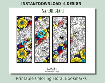 Floral coloring bookmarks, Printable coloring pages for kids, teens, adults, adult coloring pages Set of 4 Digital Download Bookmarks.