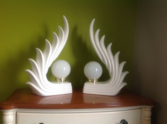 Pair Of Art Deco Angel Wing Style Table Lamps White Ceramic Vintage Mid Century Statement Lights