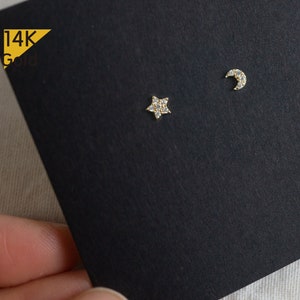 14K Solid Gold Stud Earrings, Cubic Zirconia Star Earrings, Cubic Zirconia Moon earrings  - TGE40011