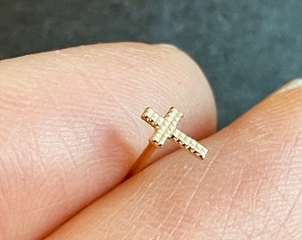 10K Solid Gold Tiny Cross Stud Earrings, Patterned Cross Classic  Real Gold - TGE056