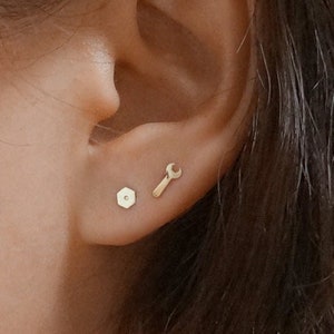 10K Solid Gold Tiny Spanner Wrench Stud Earrings Nut Real Gold - TGE090