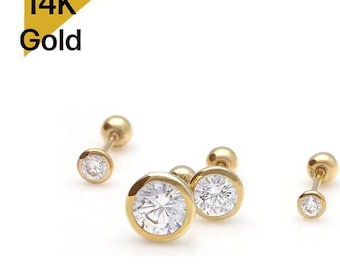 14K Solid Gold Single Earring Tiny CZ 2~5 mm Piercing 20G,  6 mm Post