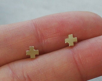 10K Solid Gold Tiny Plus Sign X Cross Stud Earrings Real Gold - TGE054