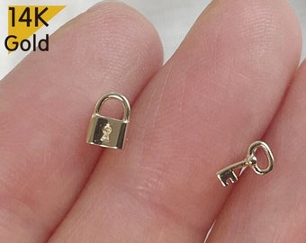 14K Solid Gold Little Padlock / Tiny Key  20G,  6mm Post