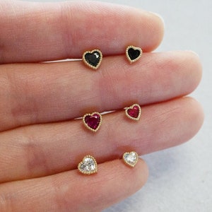 10K Solid Gold Tiny Heart Cubic Zirconia Stud Earrings, 4mm