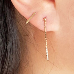 Mixed Set  14K Solid Gold  Bar Stud Earring + Thin Chain with Tiny White CZ Stud Earring - TGE40012