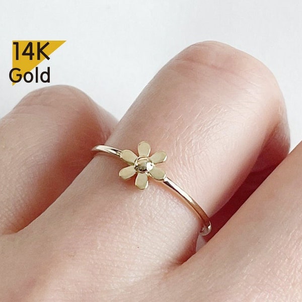 14K Solid Gold Ring, Flower Ring, Daisy Ring - TGR218