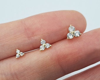 10K Solid Gold Tiny 3 White CZ Stud Earrings Real Gold - TGE066