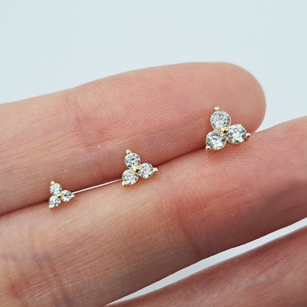 10K Solid Gold Tiny 3 White CZ Stud Earrings Real Gold - TGE066