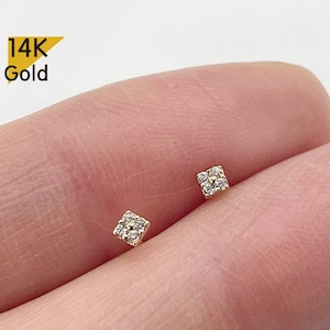 14K Solid Gold Stud Earring, Tiny Square White CZ Earring - TGE42033