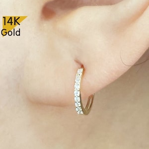 14K Solid Gold Weiß Cubic Zirkonia Ohrring Hoop Ring, Real Gold Einzeln oder Paar