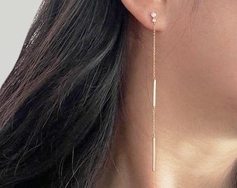 14K Solid Gold Long Chain Threader Stud Earrings - TGE40002