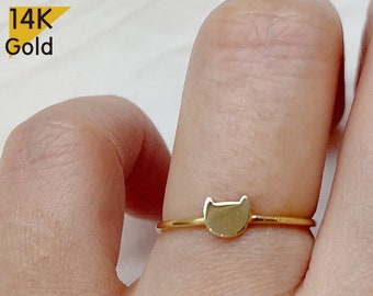 14K Solid Gold Ring, Cat Face Ring, Cat Ring - TGR217