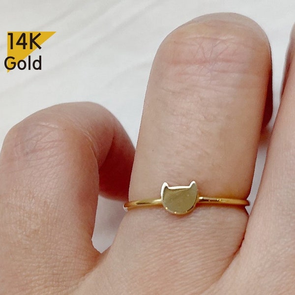 14K Solid Gold Ring, Cat Face Ring, Cat Ring - TGR217