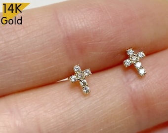 14K Solid Gold Tiny White CZ Cross Stud Earrings, Tiny Stud  Yellow Gold Earrings - TGE40030